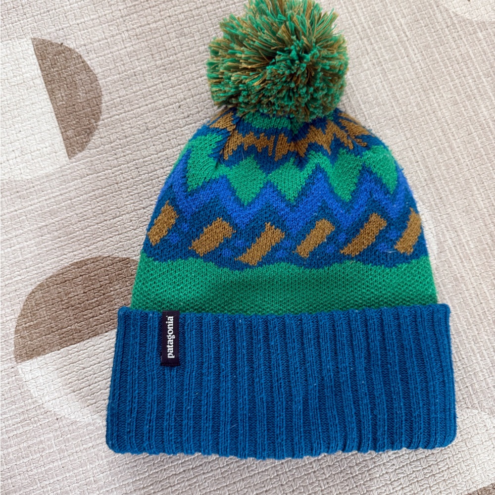 Kids' Blue and Green Pom-Pom Beanie